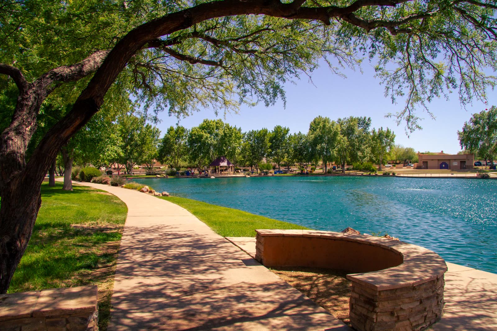 Lakeside walking path in a city park