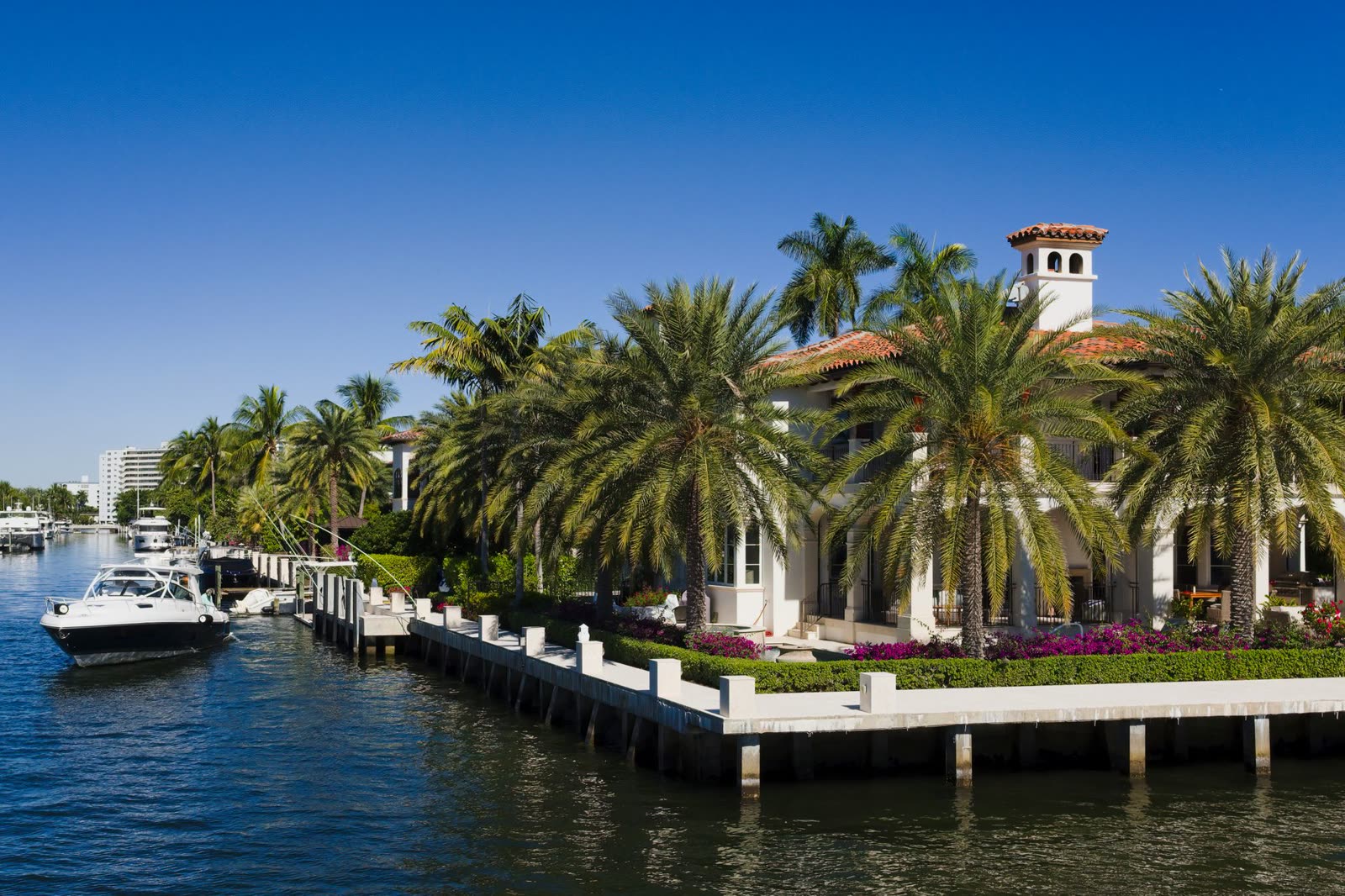 Mediterranean-style waterfront home with palm trees and a boat dock