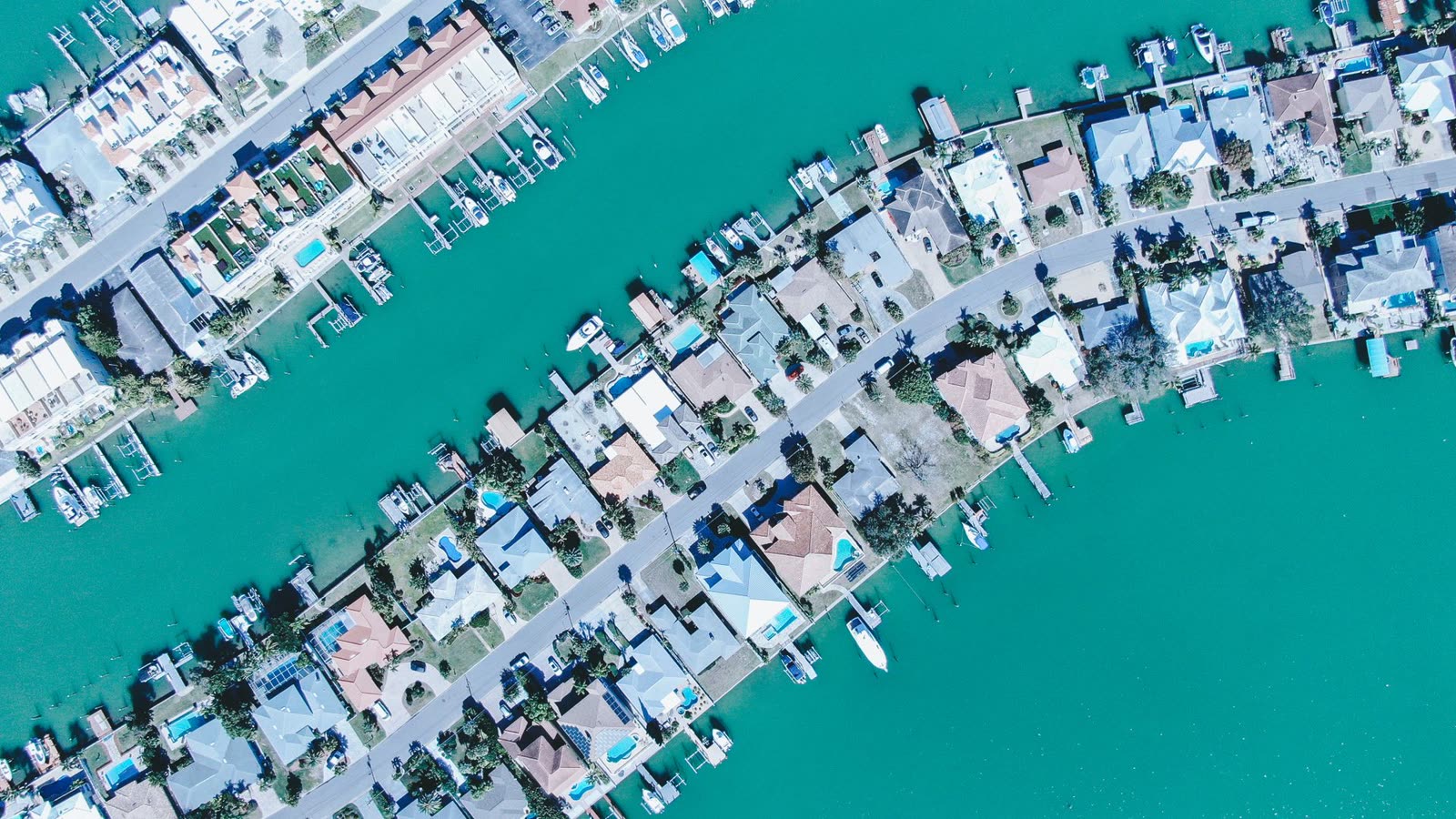 Aerial view of waterfront homes on canals in Pinellas County, Florida